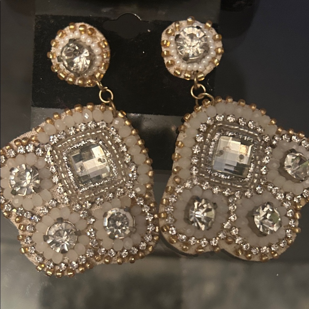 Gold-Tone White Crystal Statement Drop Earrings - Picture 6 of 10